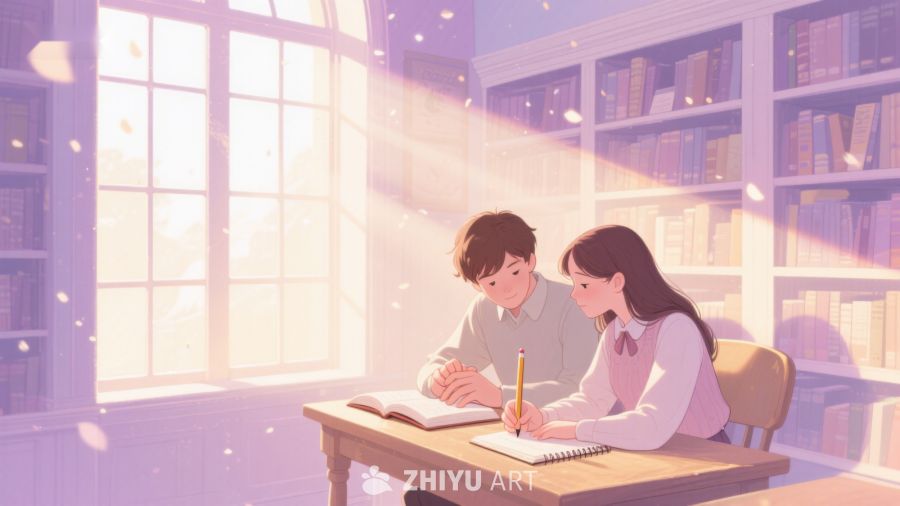 图书馆内两人专心阅读与书写 300