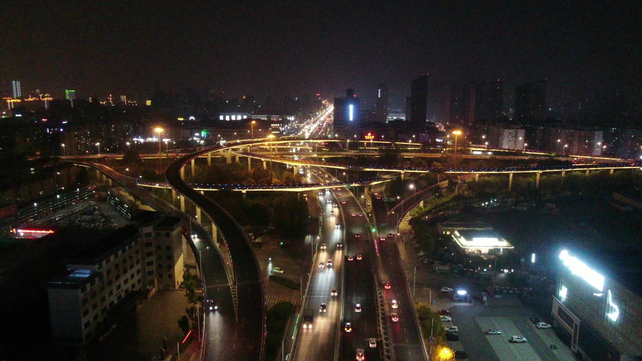 航拍济南顺河路高架桥夜景交通