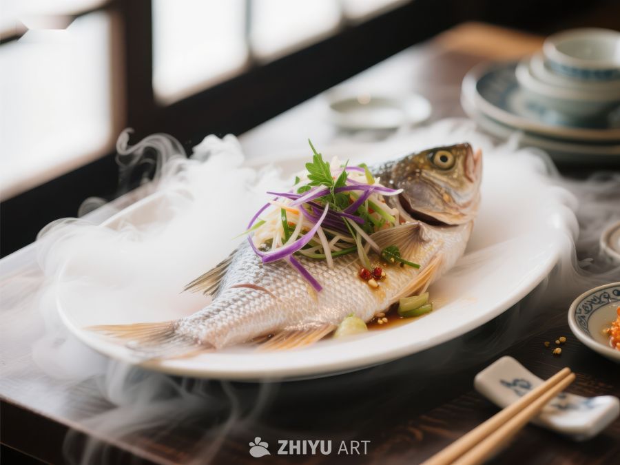 清蒸鱼配紫洋葱与香菜，烟雾缭绕 1269