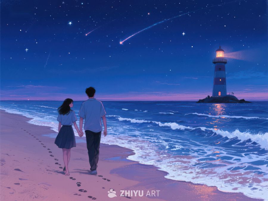 夜空下的灯塔与漫步情侣 1039