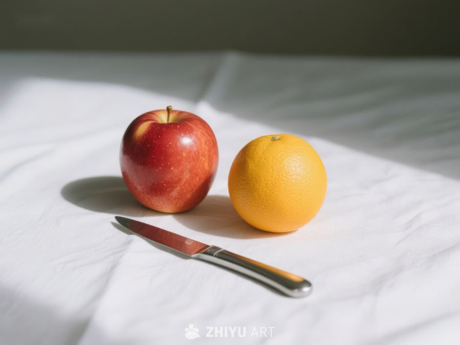 苹果与橙子并列，刀具置于旁 287