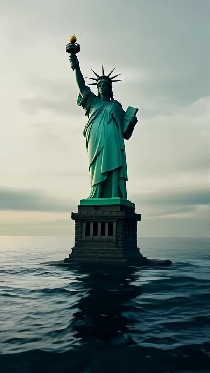 海面上升，自由女神像的底座被海水淹没。摄像头从低角