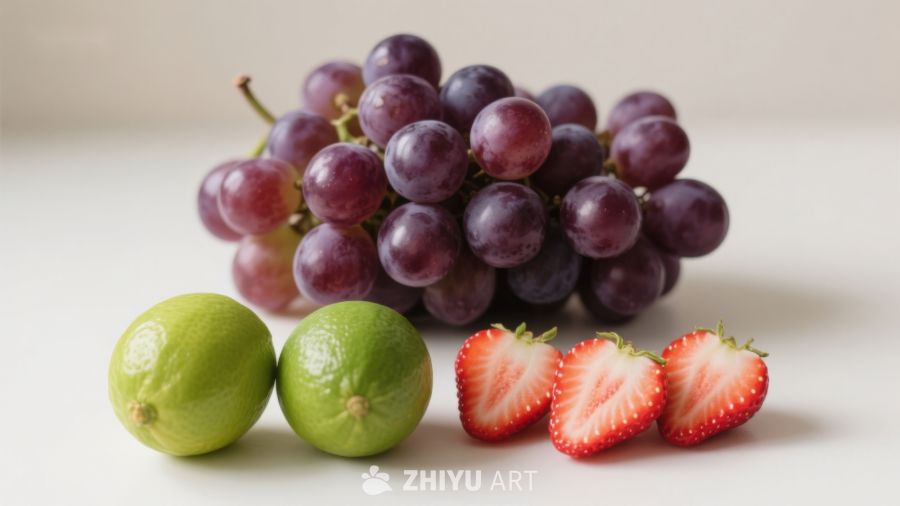新鲜水果组合：葡萄、青柠与草莓