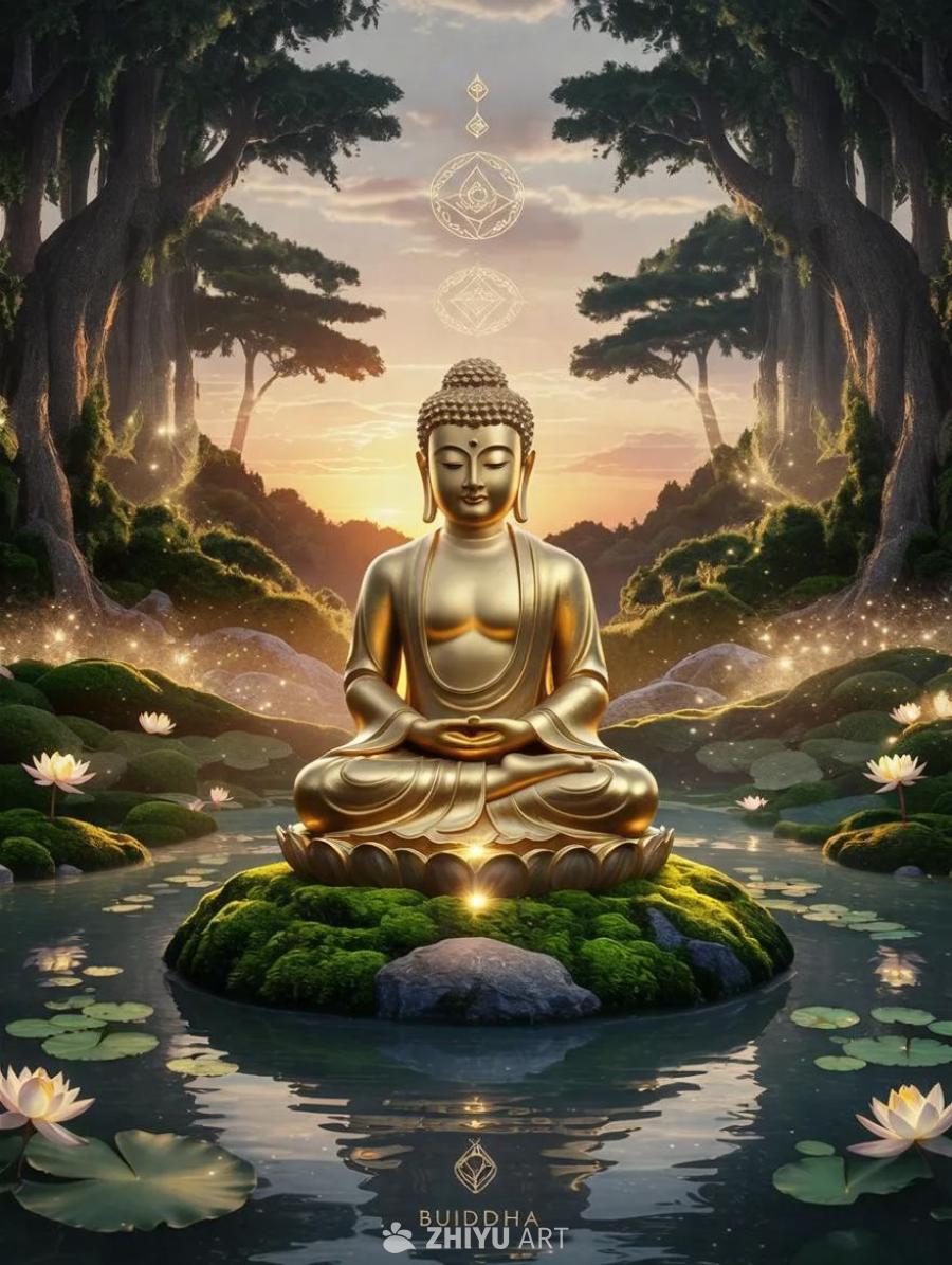 夕阳西下，一处宁静的森林空地上，一尊佛像盘腿坐在一