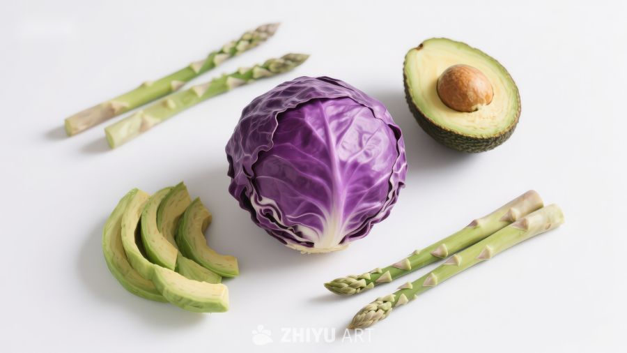 紫甘蓝牛油果芦笋食材组合