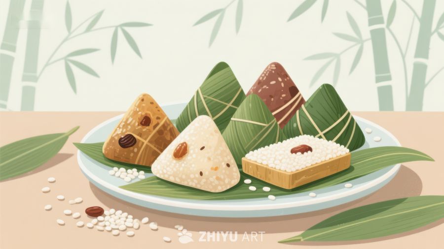 粽子展示：传统美食与竹叶装饰 536