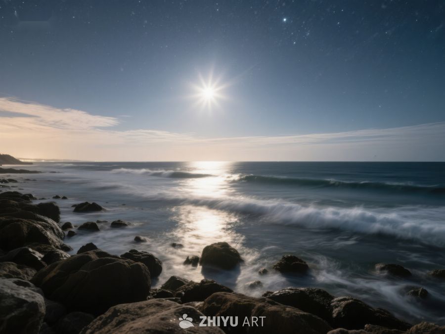 月光下的海岸岩石与海浪 562