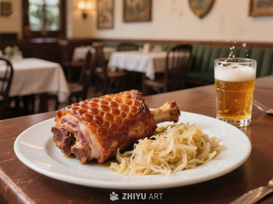 烤鸭配酸菜与啤酒，餐厅餐桌上的美食 325
