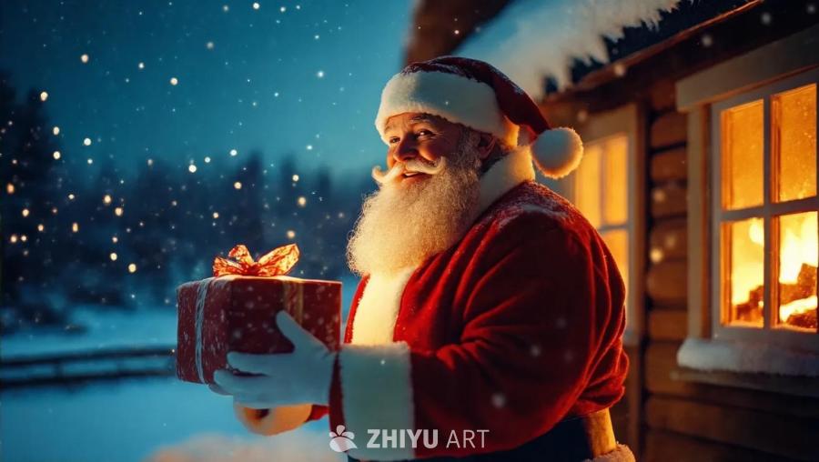 圣诞老人穿着红色衣服，留着白色胡须，正在分发礼物。