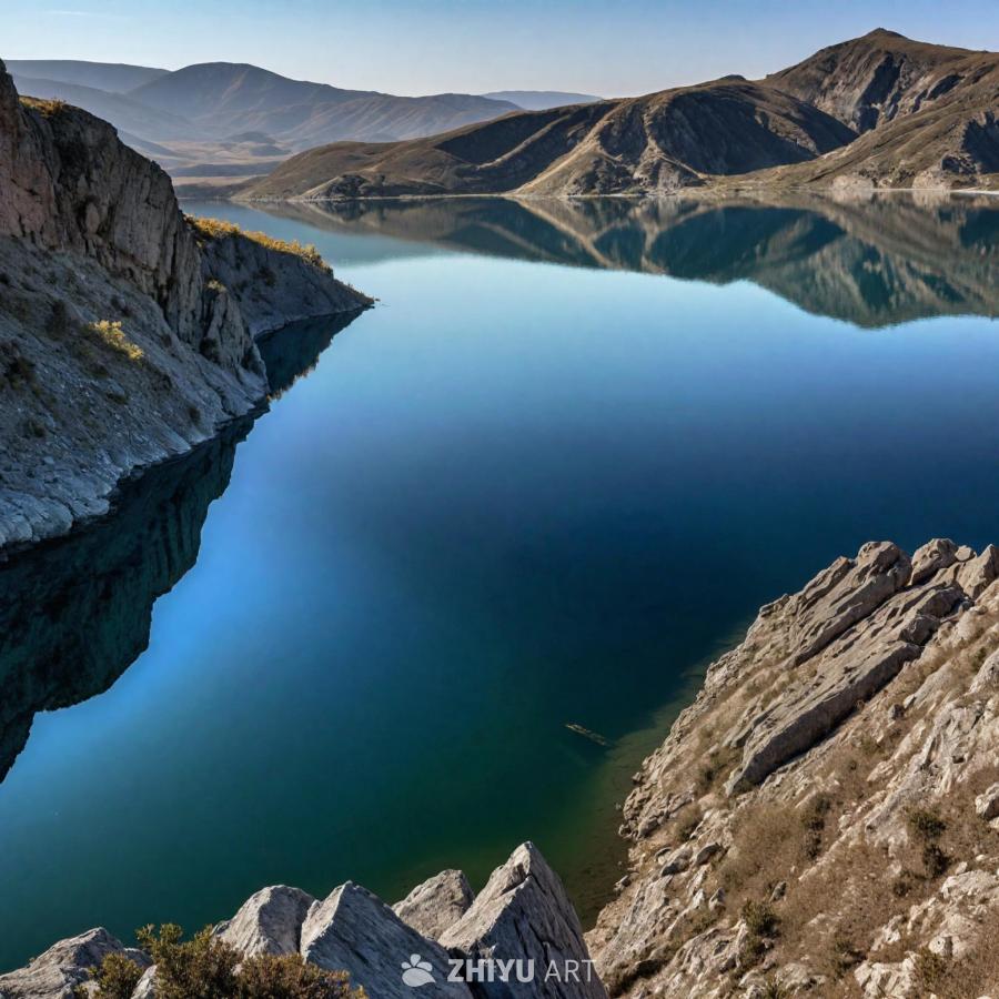 一个深蓝色的湖泊位于群山环绕的山谷中。湖面平静而安