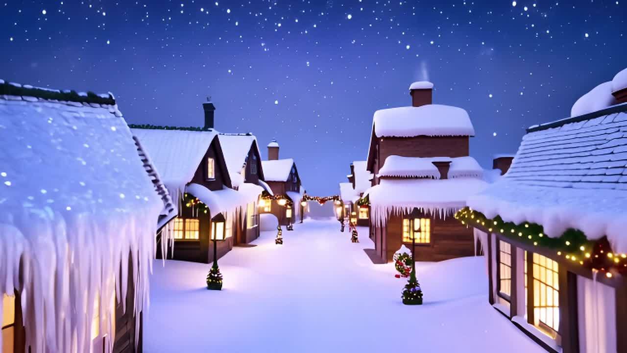 雪夜中的小镇被圣诞装饰点缀得格外温馨。天空中闪烁着