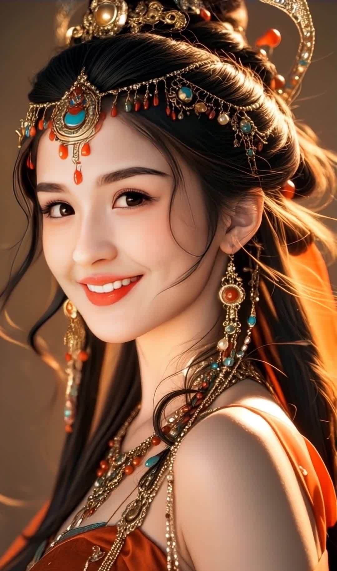 华丽头饰珠宝女性微笑，古代东方美人像