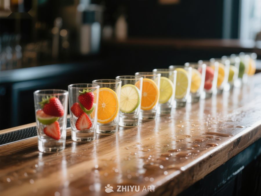 色彩缤纷的水果酒杯排列 461