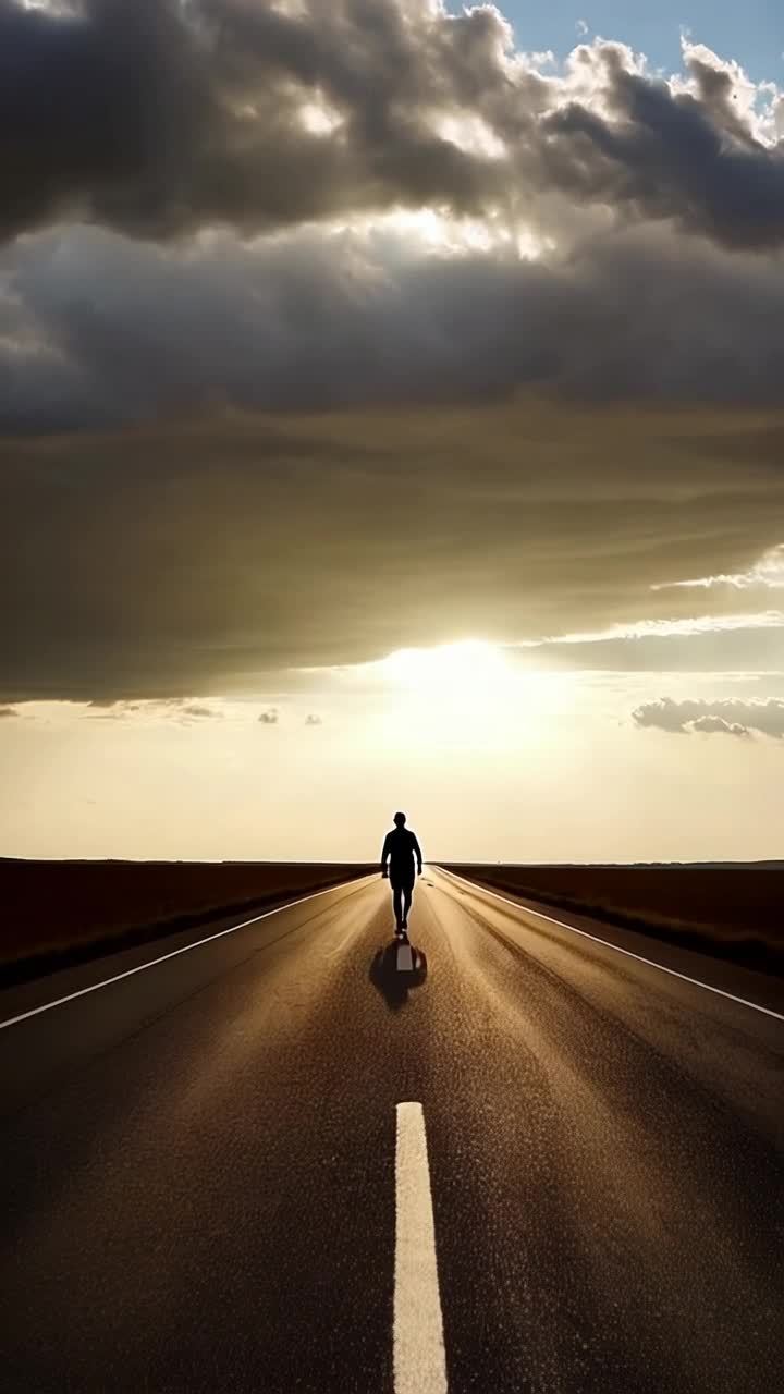 一条开阔的道路延伸至地平线，天空乌云密布，有一道光