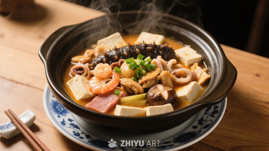 热气腾腾的海鲜豆腐煲