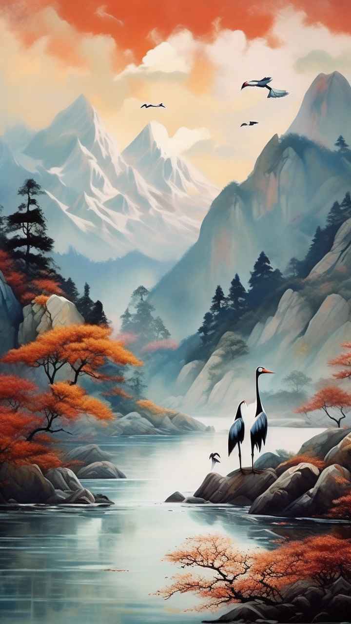 国风山水鹤插画背景 89