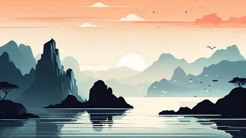 雾气缭绕大海山水画简约风格 34