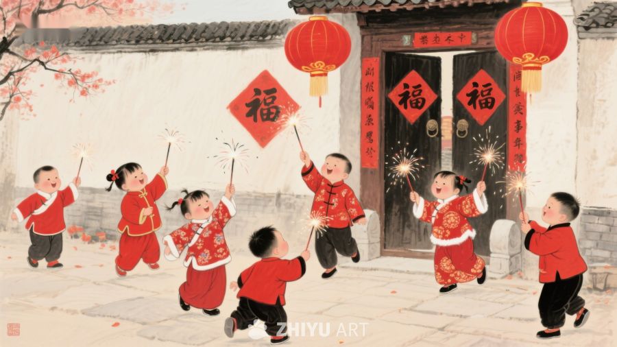 孩童欢庆春节，手持烟花与福字 20