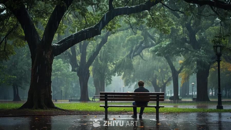 下着雨的公园里，一个人坐在长椅上，背对着镜头。树木