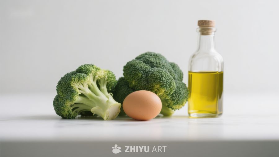 西兰花、鸡蛋与橄榄油的静物组合