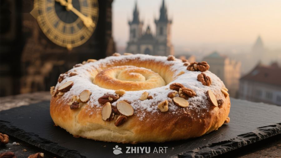 撒满坚果的甜面包与古老钟楼背景