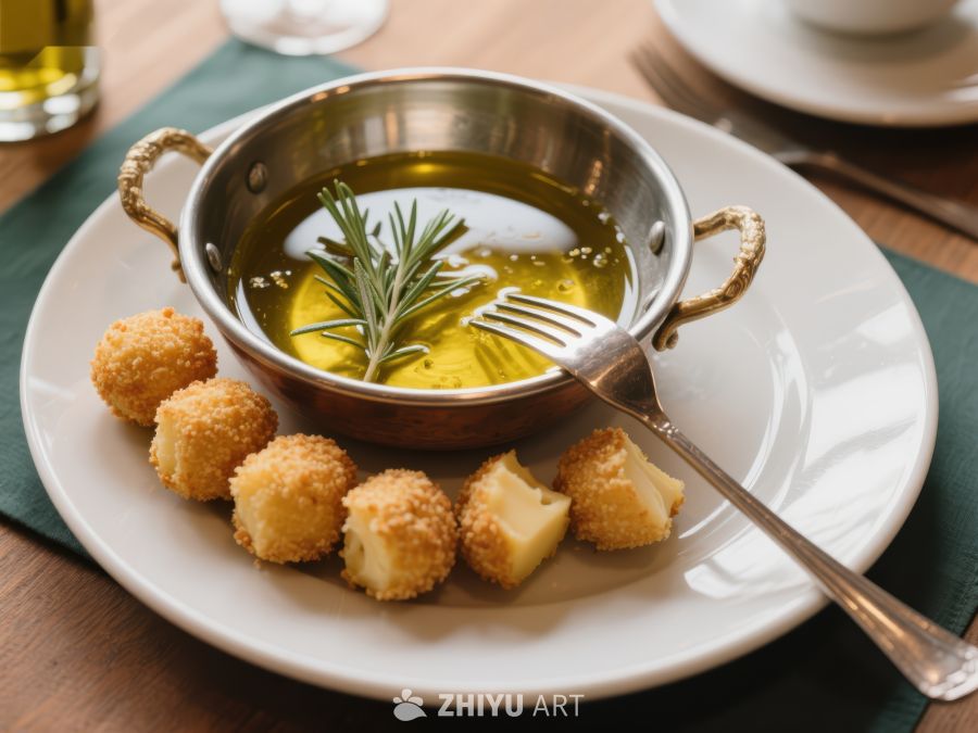 橄榄油配炸丸子的美食摆盘 95
