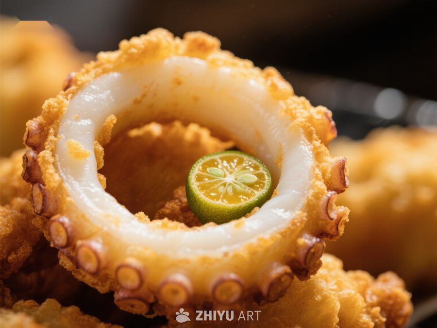 金黄酥脆的炸鱿鱼圈配青柠