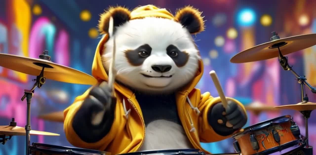 熊猫戴帽演奏架子鼓，背景为模糊彩色灯光。