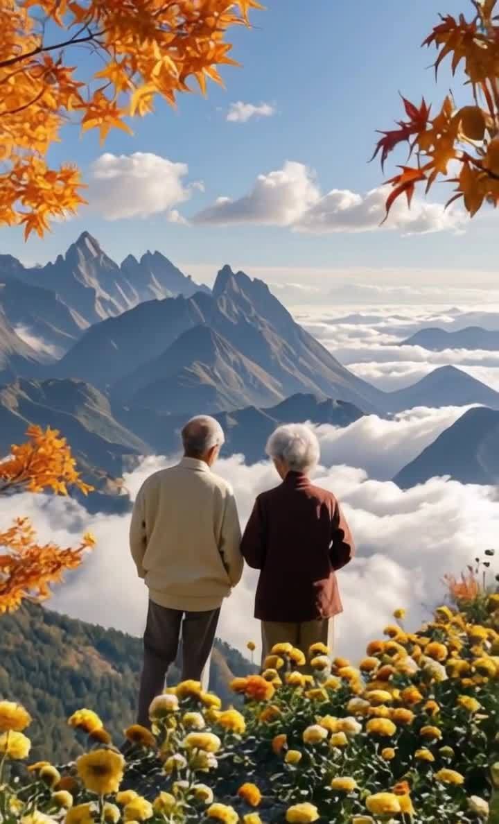 两名老年人背对镜头，站在开满黄色小花的斜坡上。他们