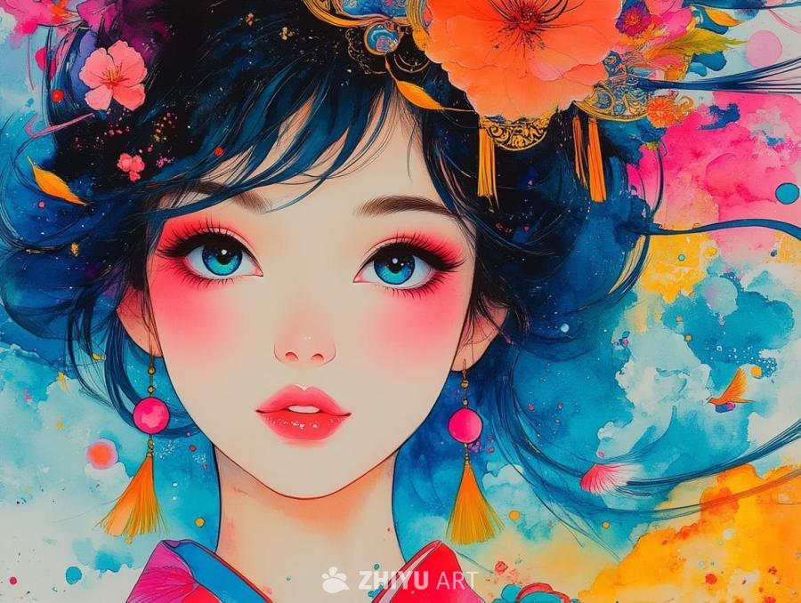 一位年轻女性的肖像，风格为水墨画、动漫和卡通，色彩