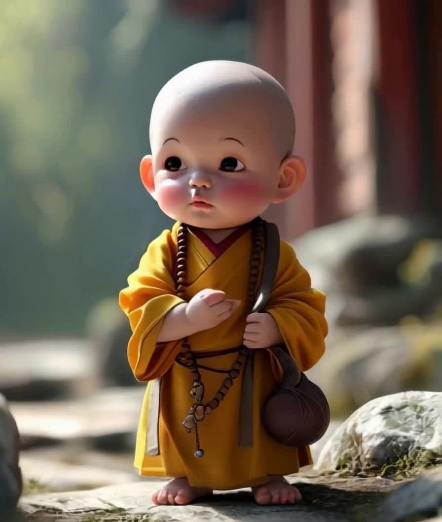 一个卡通形象的小和尚，他光头，脸颊上有红晕，身穿黄