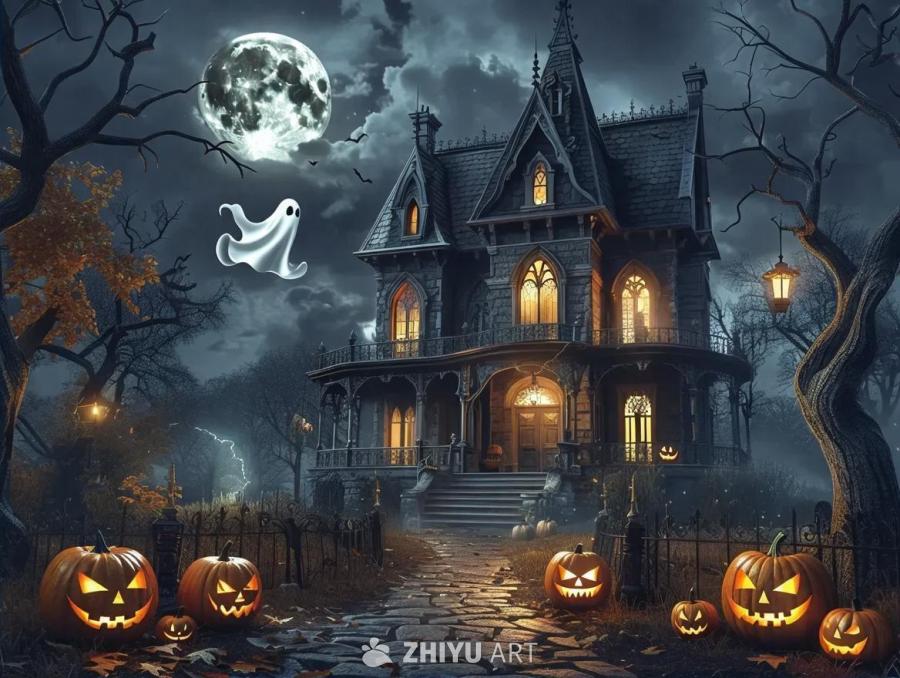 在充满魔法的灯光下，哥特式鬼屋呈现万圣节之夜。一个