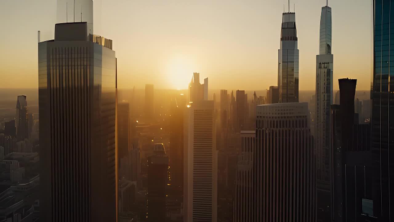 画面中呈现了黄昏时分的城市景观，玻璃摩天大楼反射着