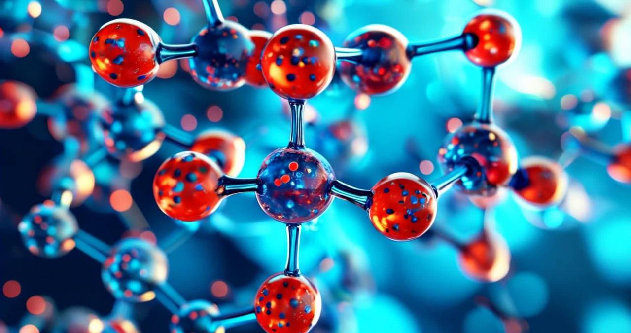 分子结构图：红蓝球形分子连接，蓝背景