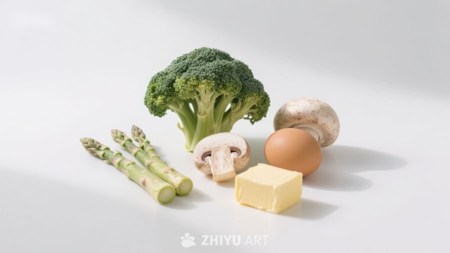 新鲜食材：西兰花、蘑菇、芦笋、鸡蛋与黄油