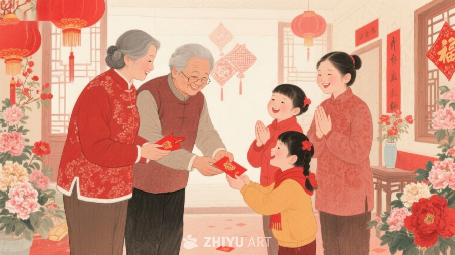 春节家庭红包传递温馨场景 96