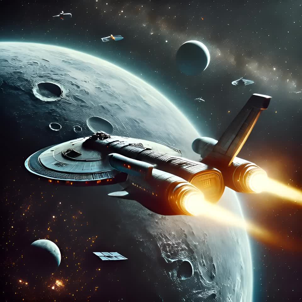 一架线条流畅的星际飞船在宇宙中飞行，引擎发出耀眼的