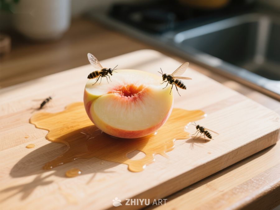 切开的桃子吸引蜜蜂 419