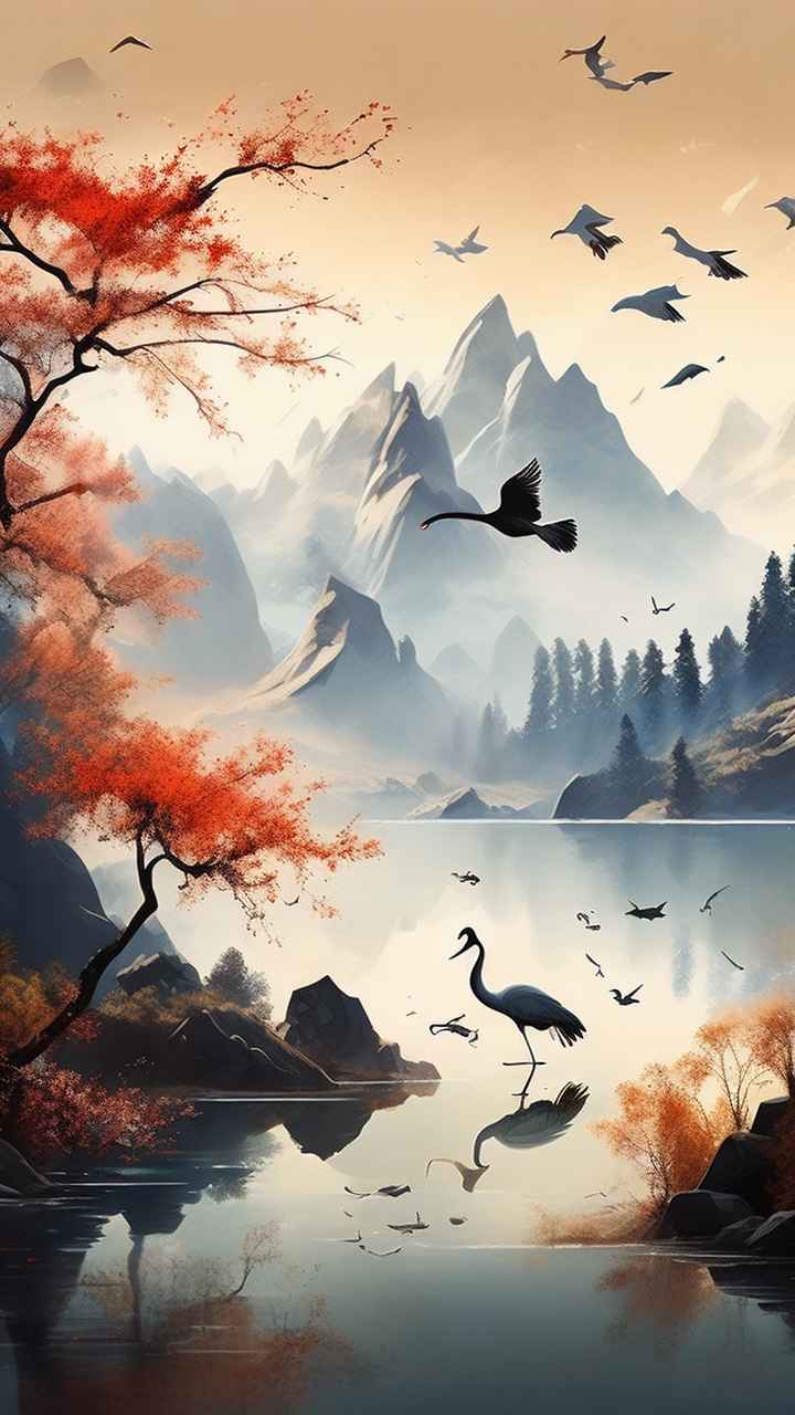 国风山水鹤插画背景 7