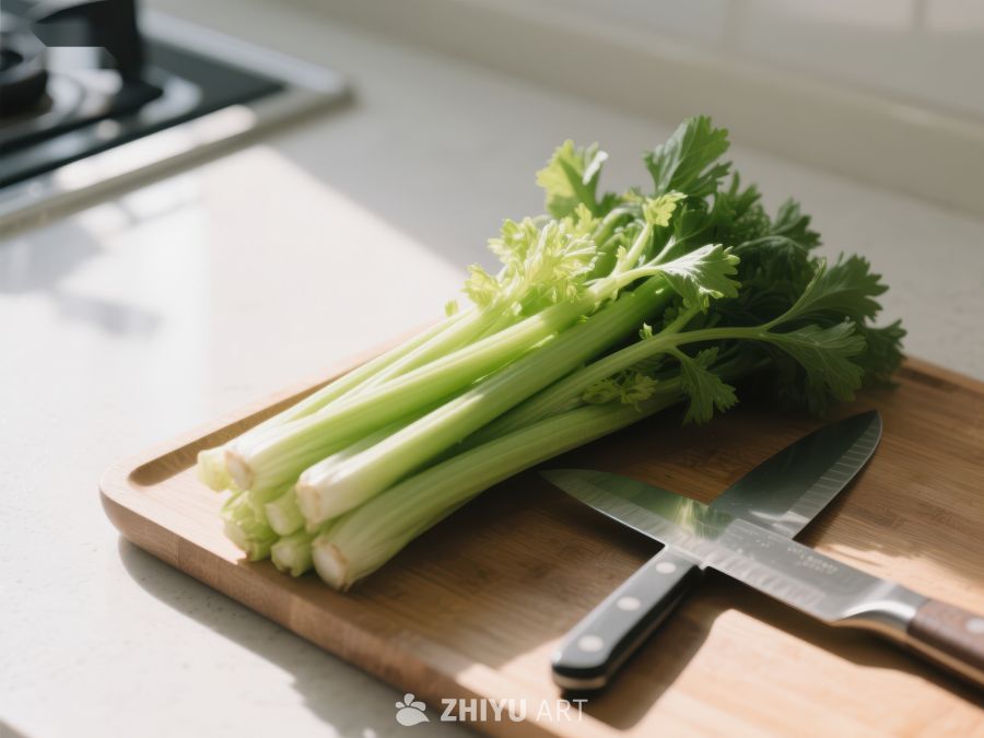 新鲜芹菜与刀具置于砧板上 582