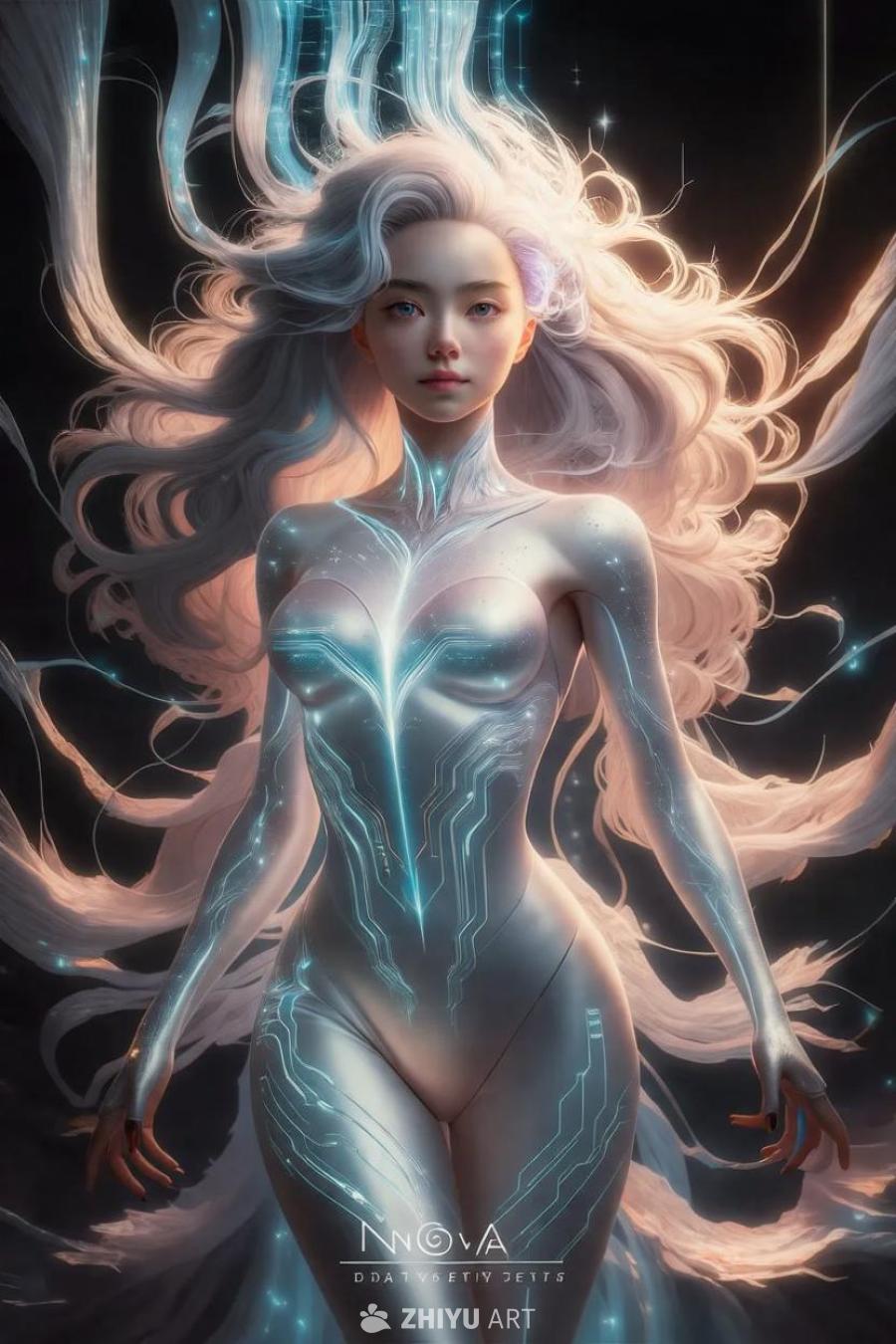 一个数字化的女性形象，拥有闪亮的银色皮肤，皮肤上刻