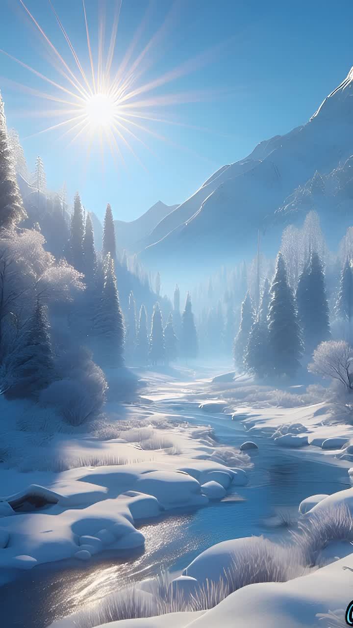 河水流动，阳光照耀在白雪上。远处是覆盖着白雪的山峰