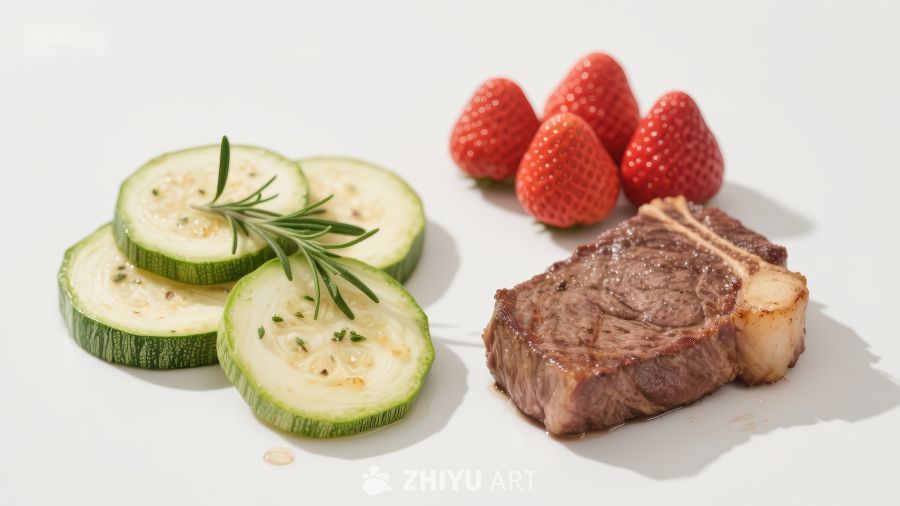煎牛排配烤黄瓜和草莓