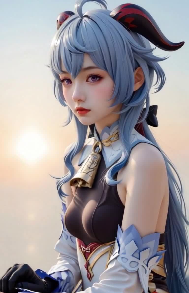一个留着蓝色长发，头戴黑色和红色角饰的女性角色，面