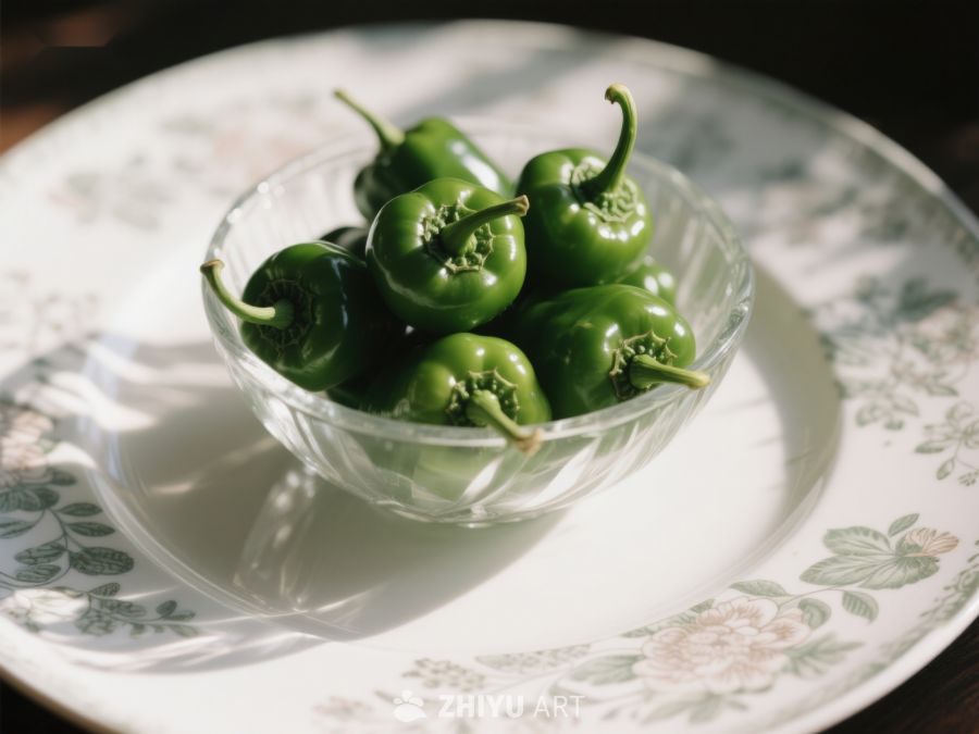 青椒置于玻璃碗中，摆放于花纹盘上 310