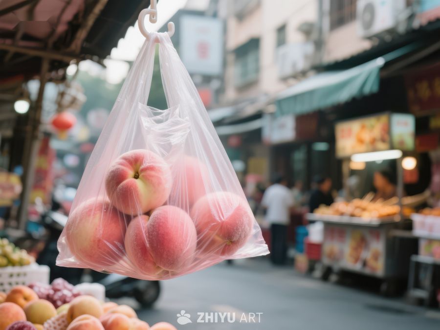市场街景中的桃子塑料袋 492