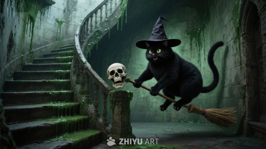 黑猫骑扫帚携骷髅头下楼梯