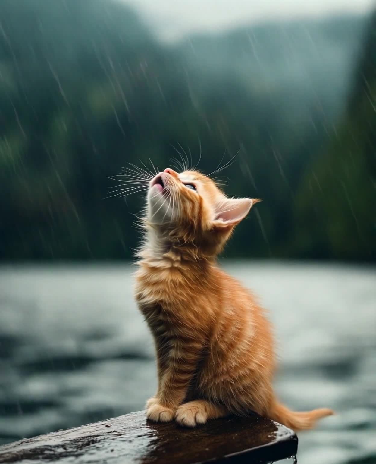 一只姜黄色的小猫坐在木头上，抬头看着天空。下着雨，