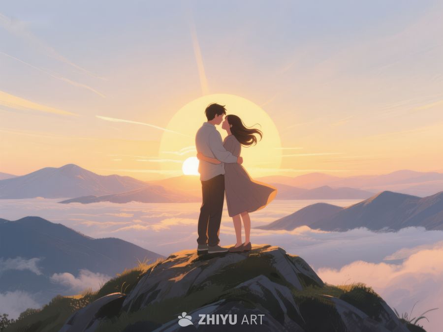山顶情侣拥抱，夕阳映照云海 638