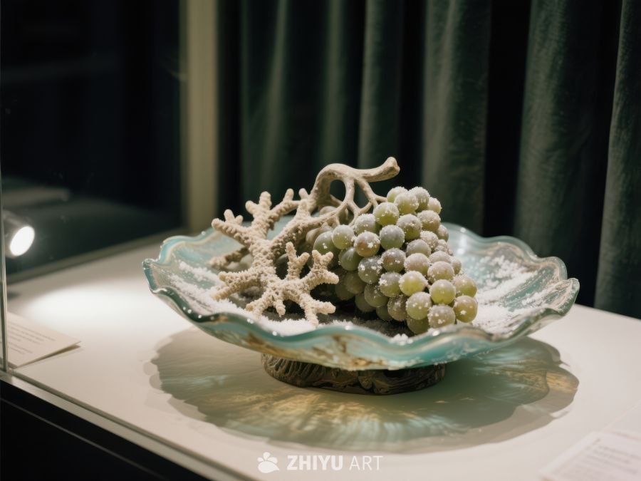 珊瑚与葡萄装饰品静置玻璃盘中 423